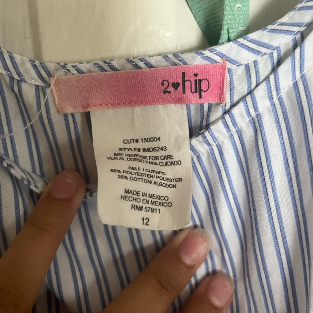 2 hip girls size 12 dress blue and white pinstriped with bowed shoulder